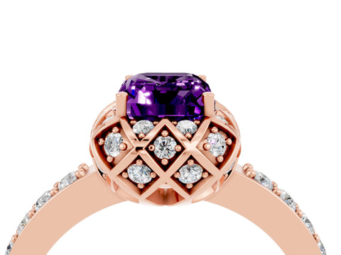 Rose gold Emerald Cut Diamond Solitaire Ring with Shared Prong Pavé Band_4