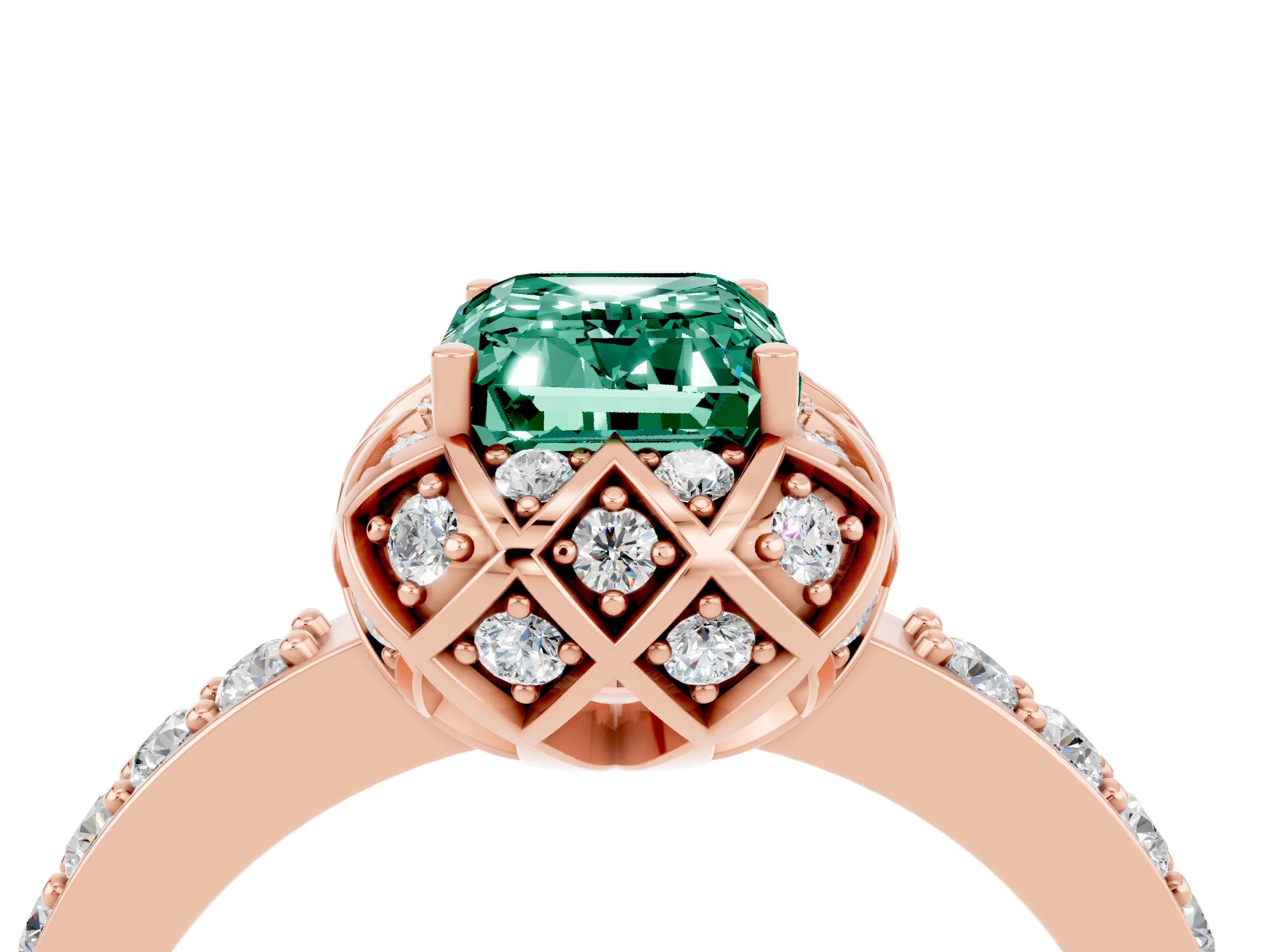 Rose gold Emerald Cut Diamond Solitaire Ring with Shared Prong Pavé Band_4