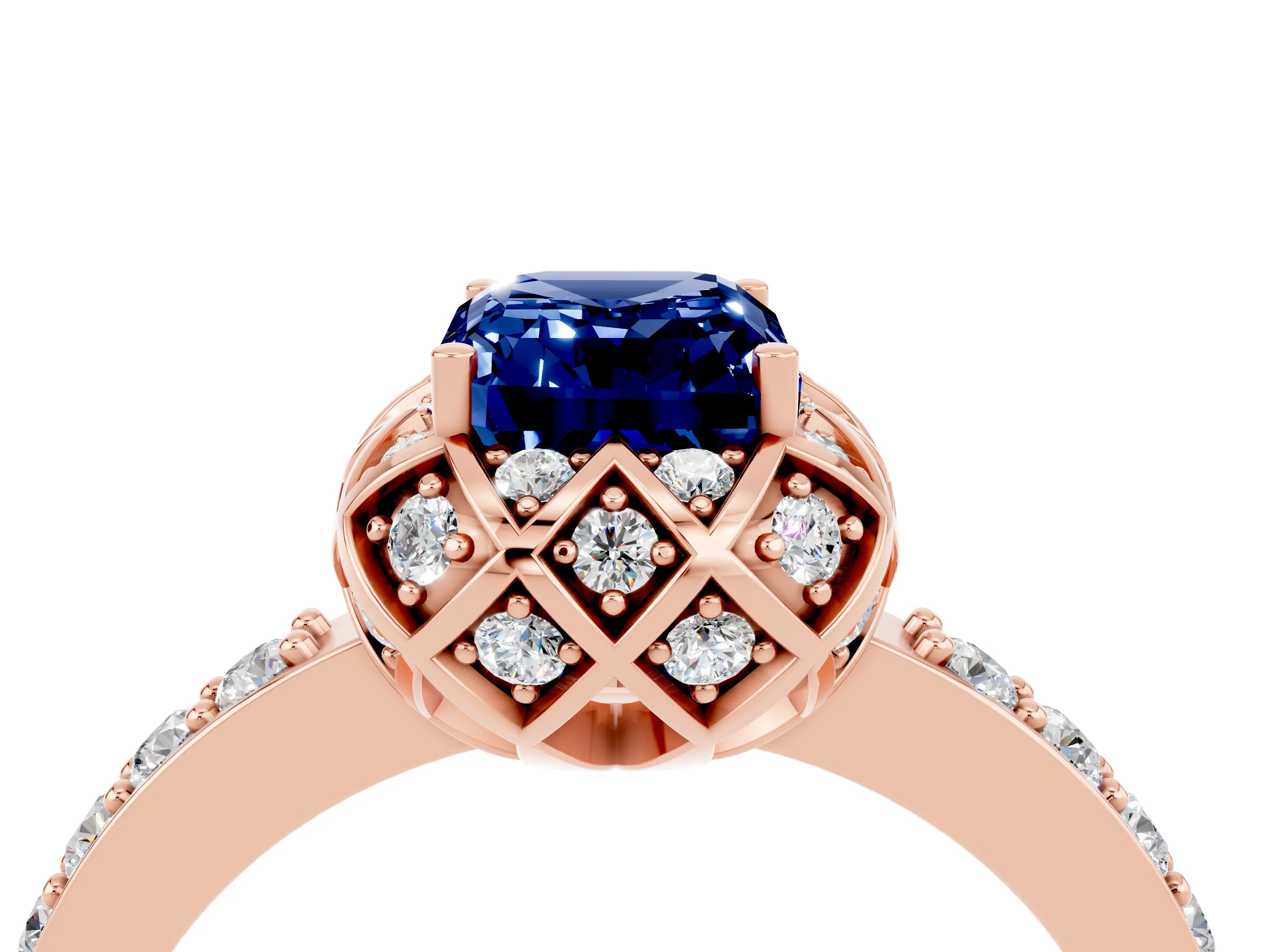 Rose gold Emerald Cut Diamond Solitaire Ring with Shared Prong Pavé Band_4