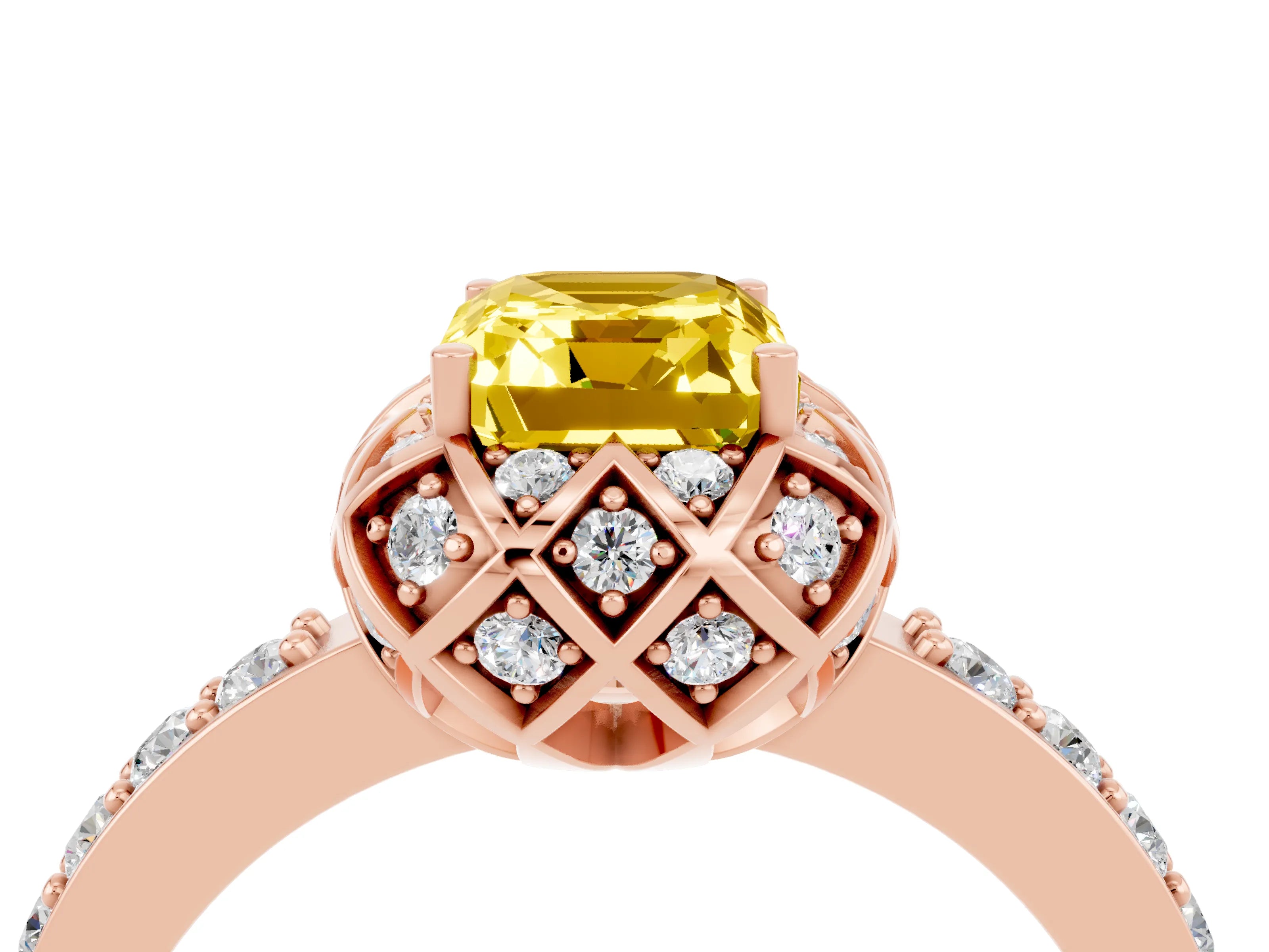 Rose gold Emerald Cut Diamond Solitaire Ring with Shared Prong Pavé Band_4