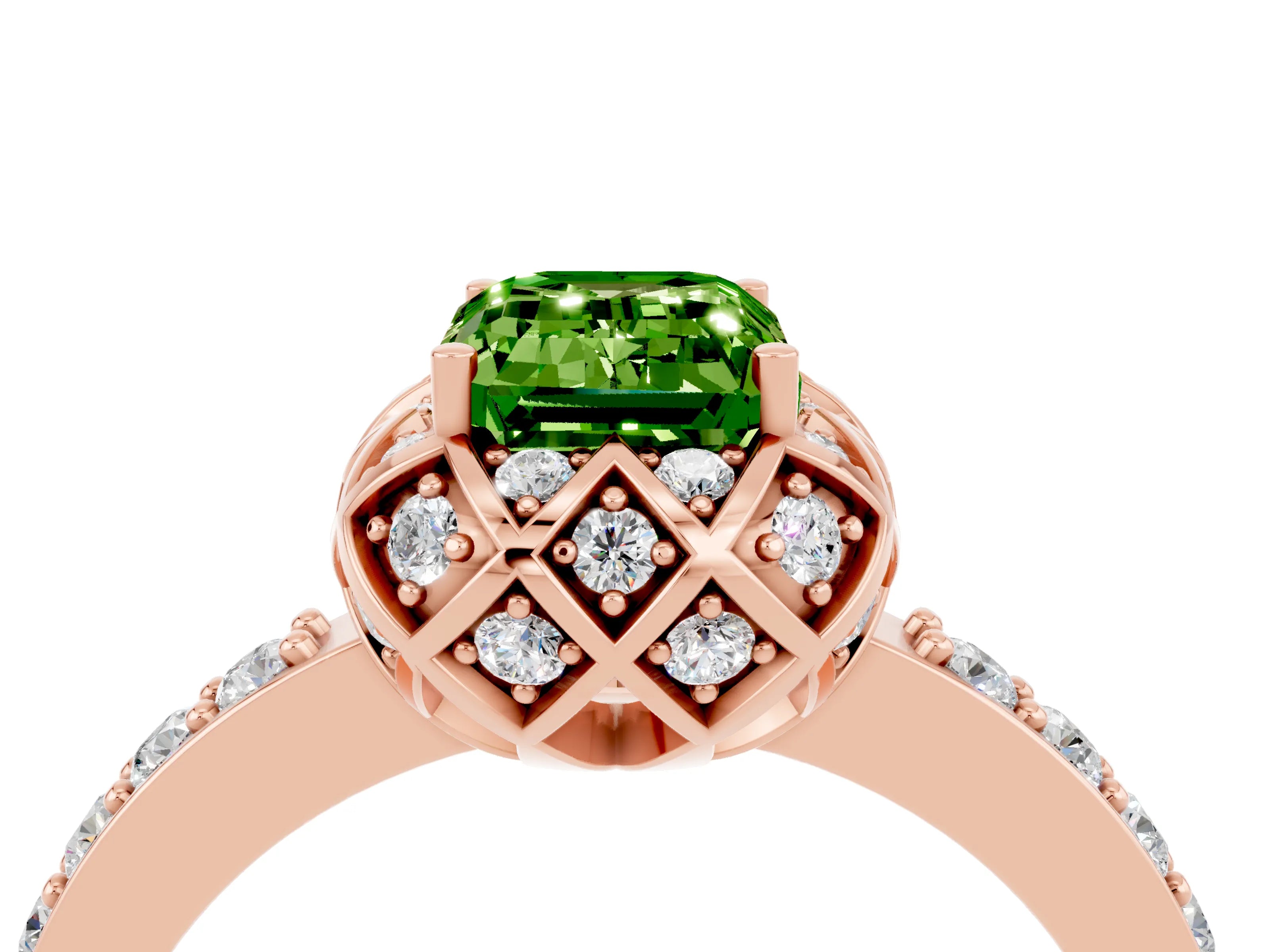 Rose gold Emerald Cut Diamond Solitaire Ring with Shared Prong Pavé Band_4
