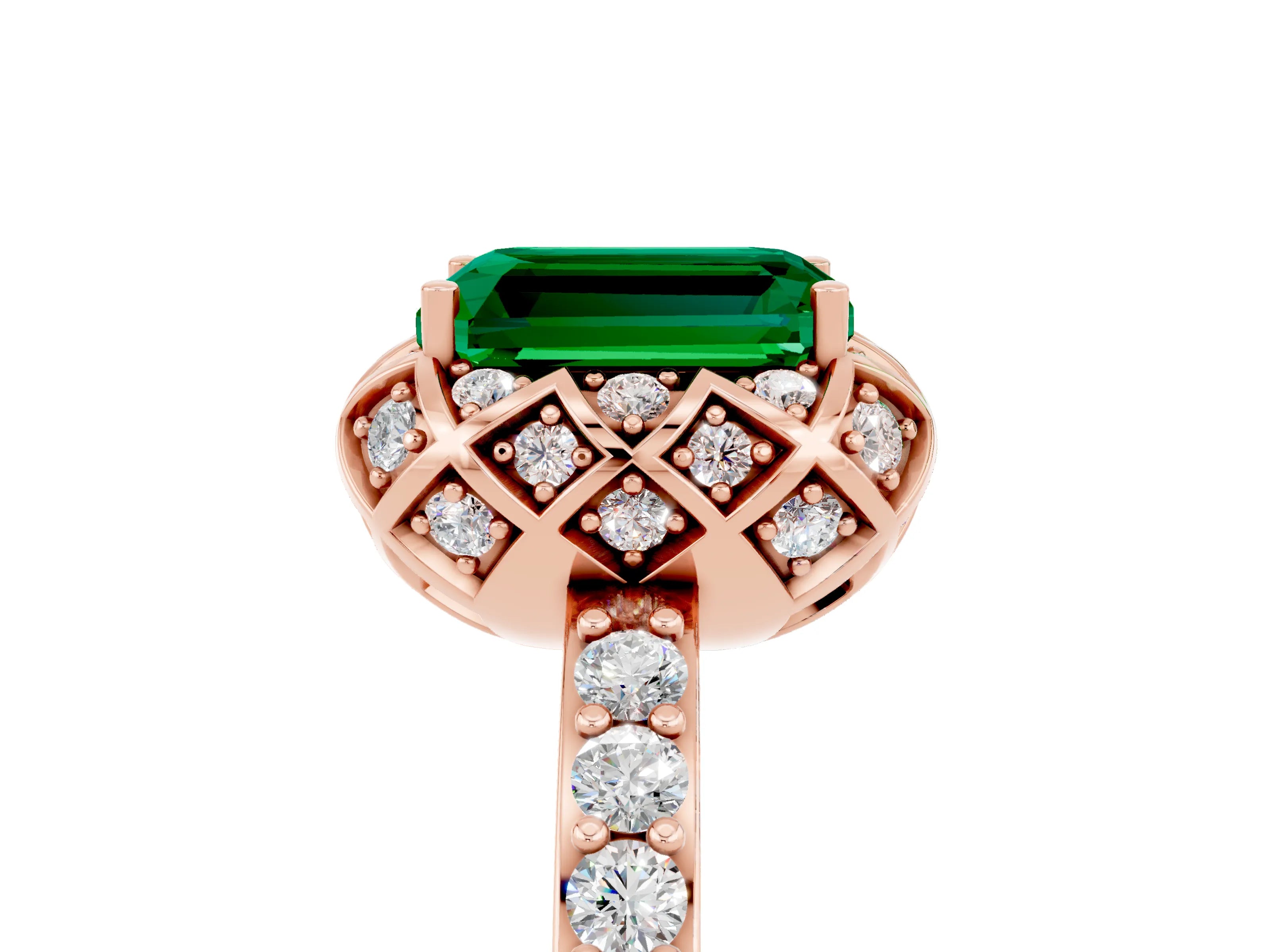 Rose gold Emerald Cut Diamond Solitaire Ring with Shared Prong Pavé Band_5
