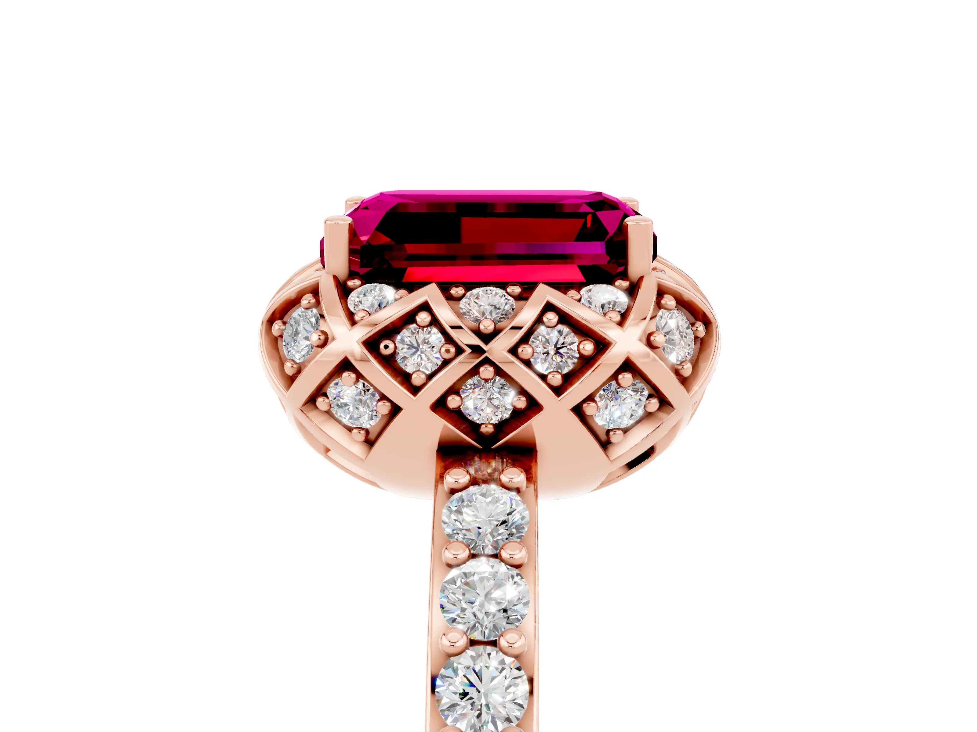 Rose gold Emerald Cut Diamond Solitaire Ring with Shared Prong Pavé Band_5