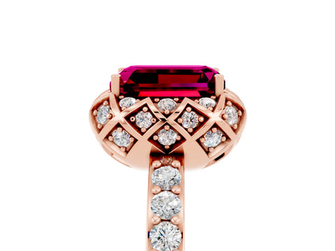 Rose gold Emerald Cut Diamond Solitaire Ring with Shared Prong Pavé Band_5