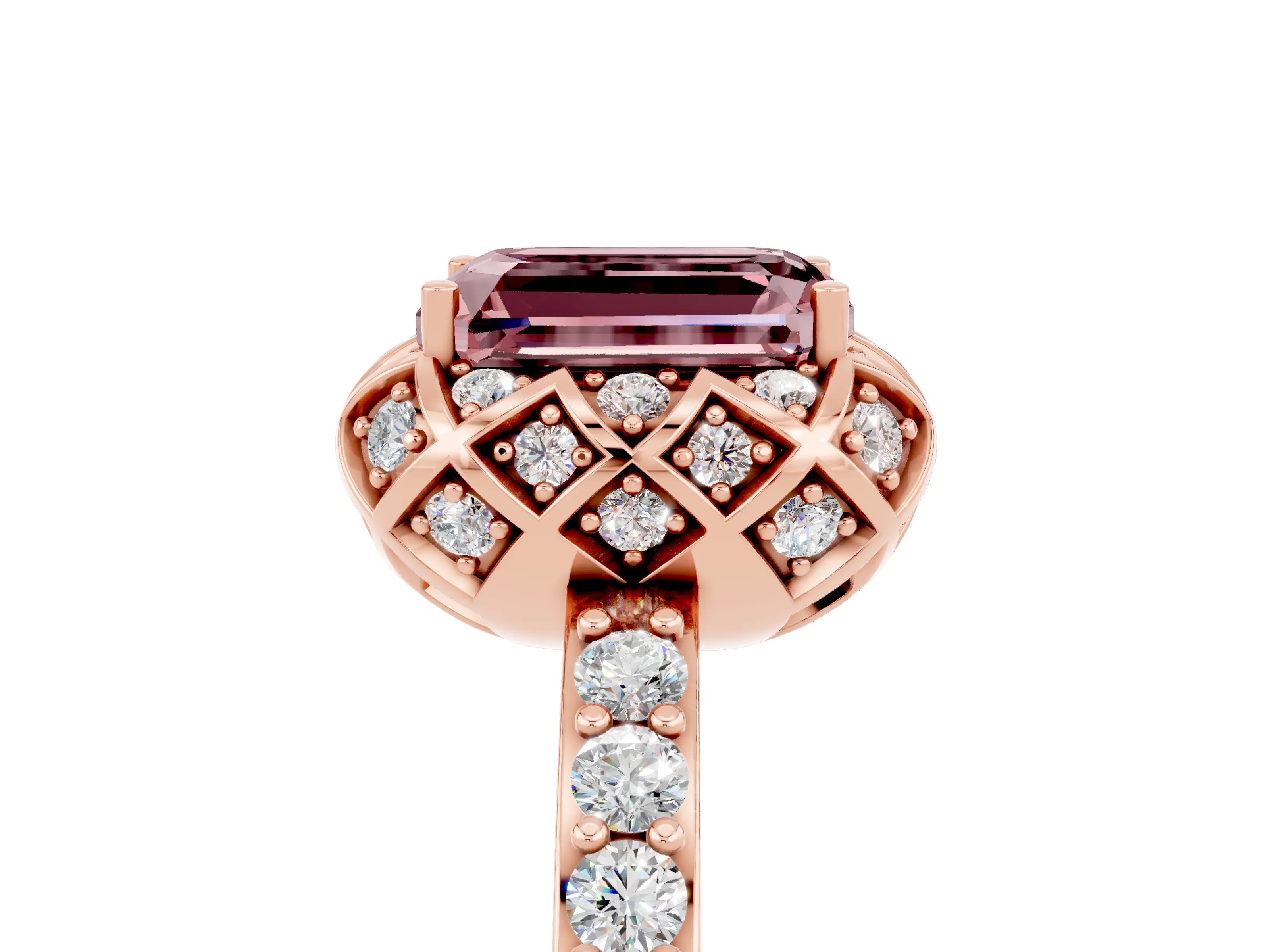 Rose gold Emerald Cut Diamond Solitaire Ring with Shared Prong Pavé Band_5