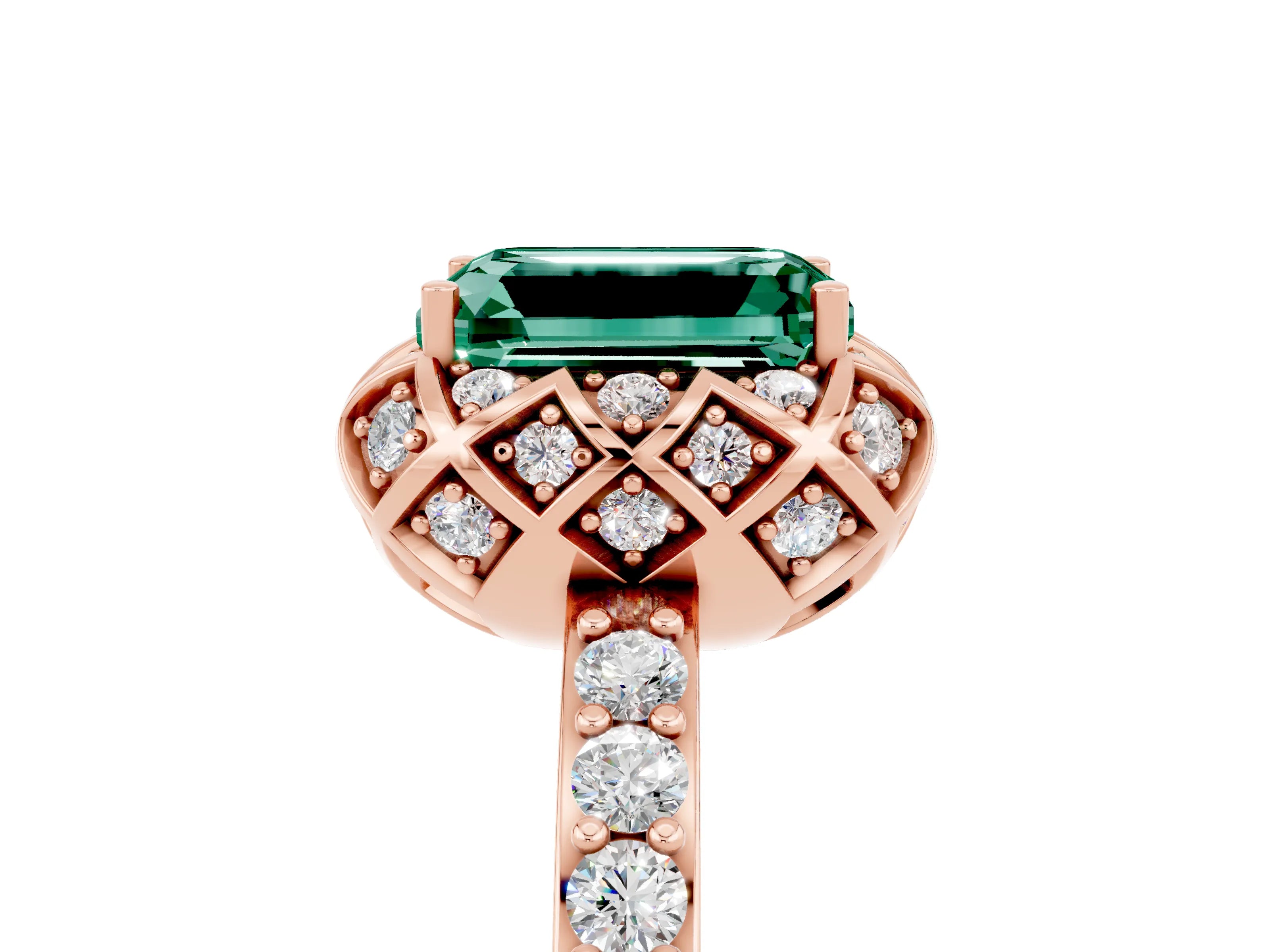 Rose gold Emerald Cut Diamond Solitaire Ring with Shared Prong Pavé Band_5