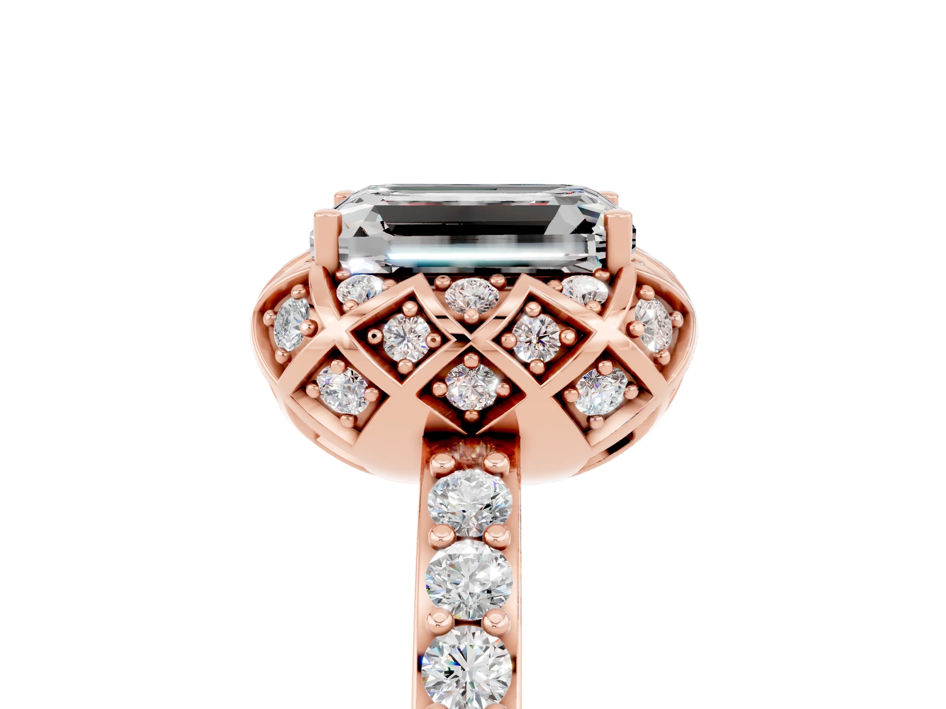 Rose gold Emerald Cut Diamond Solitaire Ring with Shared Prong Pavé Band_5