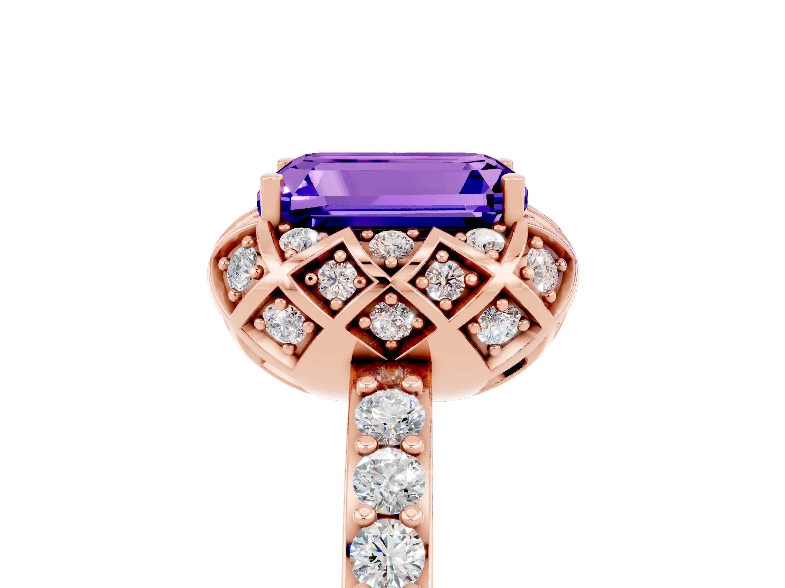 Rose gold Emerald Cut Diamond Solitaire Ring with Shared Prong Pavé Band_5