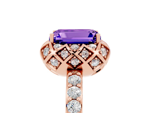 Rose gold Emerald Cut Diamond Solitaire Ring with Shared Prong Pavé Band_5