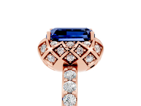 Rose gold Emerald Cut Diamond Solitaire Ring with Shared Prong Pavé Band_5
