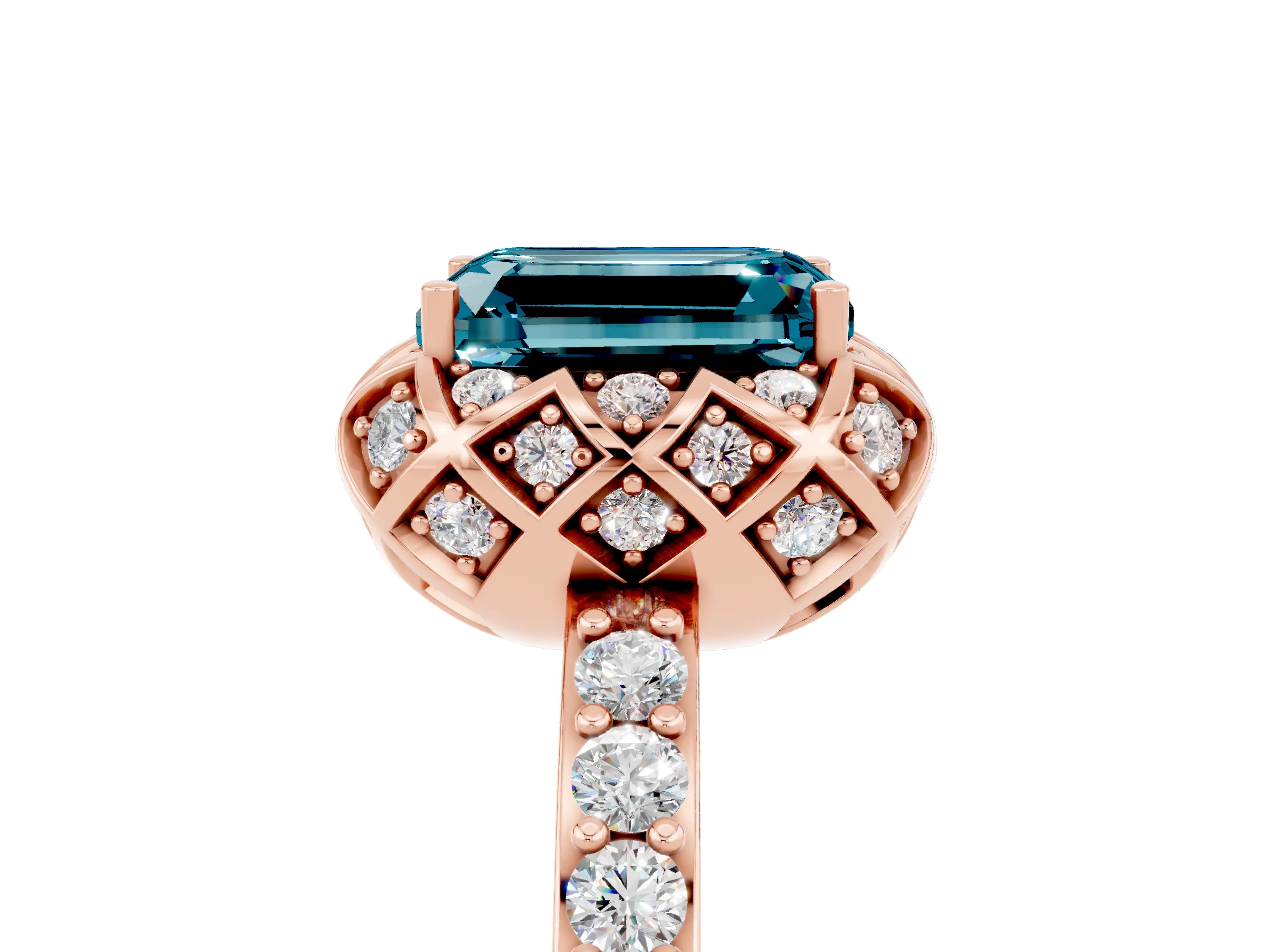 Rose gold Emerald Cut Diamond Solitaire Ring with Shared Prong Pavé Band_5