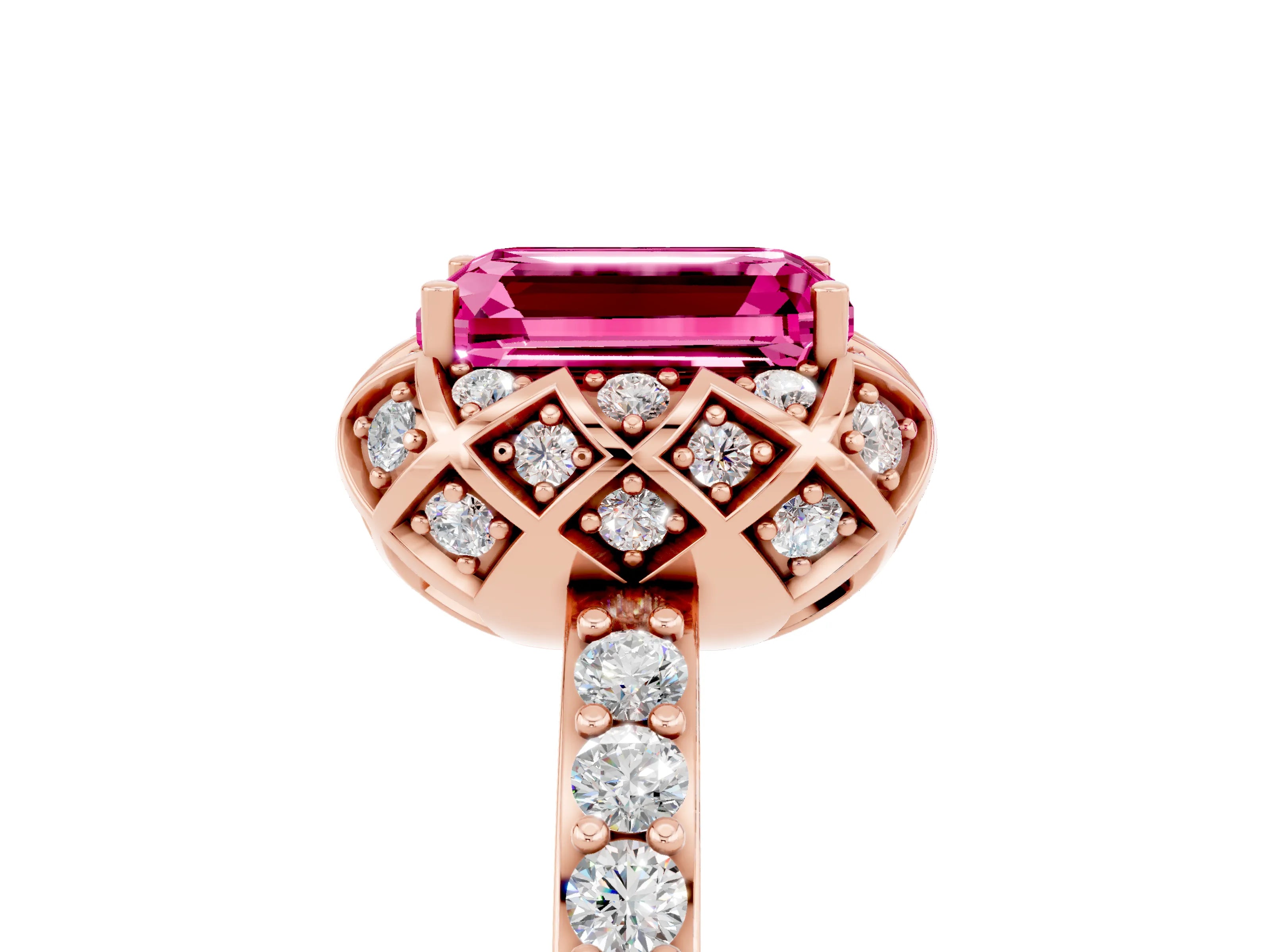 Rose gold Emerald Cut Diamond Solitaire Ring with Shared Prong Pavé Band_5