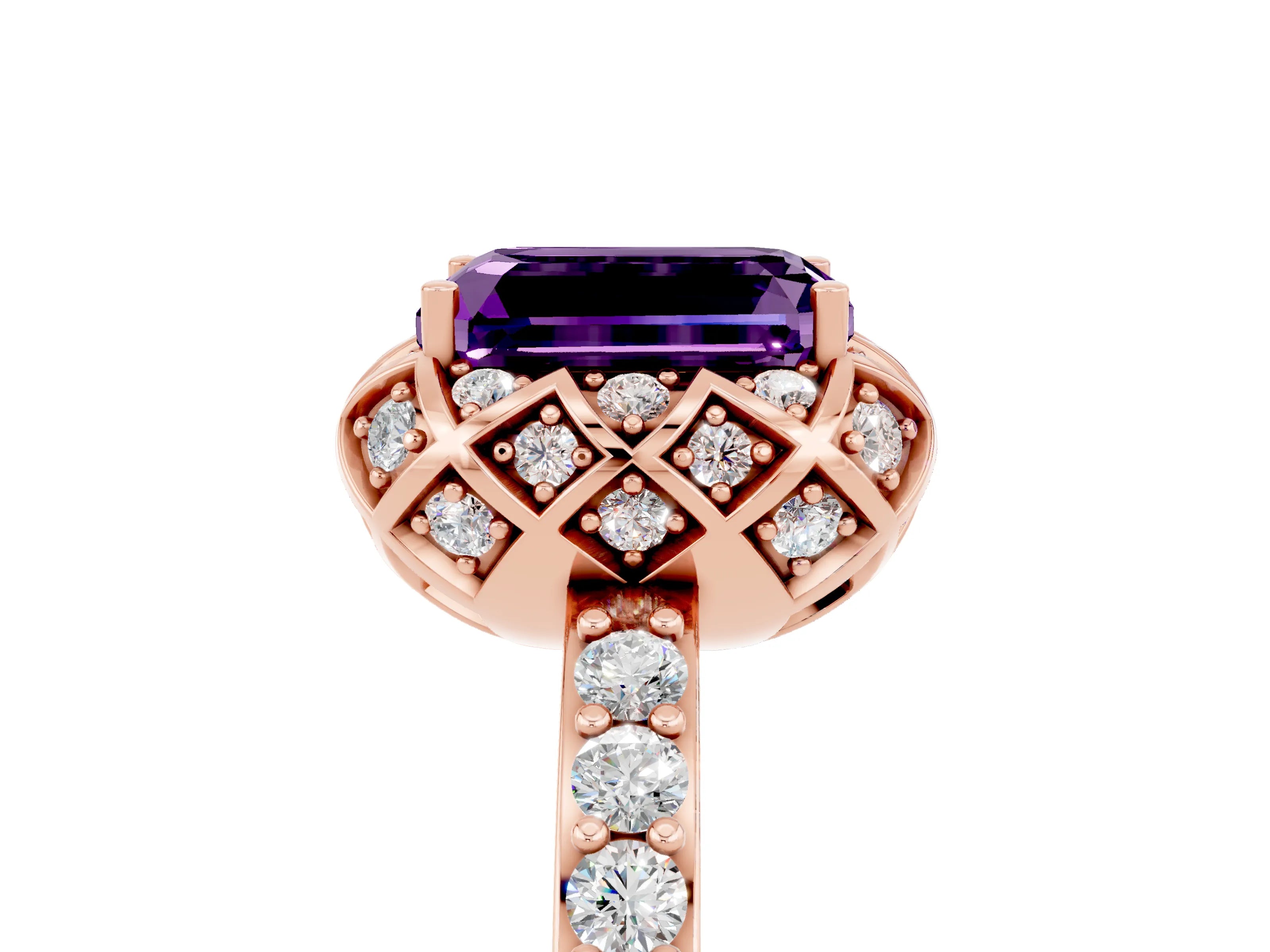 Rose gold Emerald Cut Diamond Solitaire Ring with Shared Prong Pavé Band_5