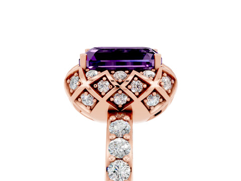 Rose gold Emerald Cut Diamond Solitaire Ring with Shared Prong Pavé Band_5