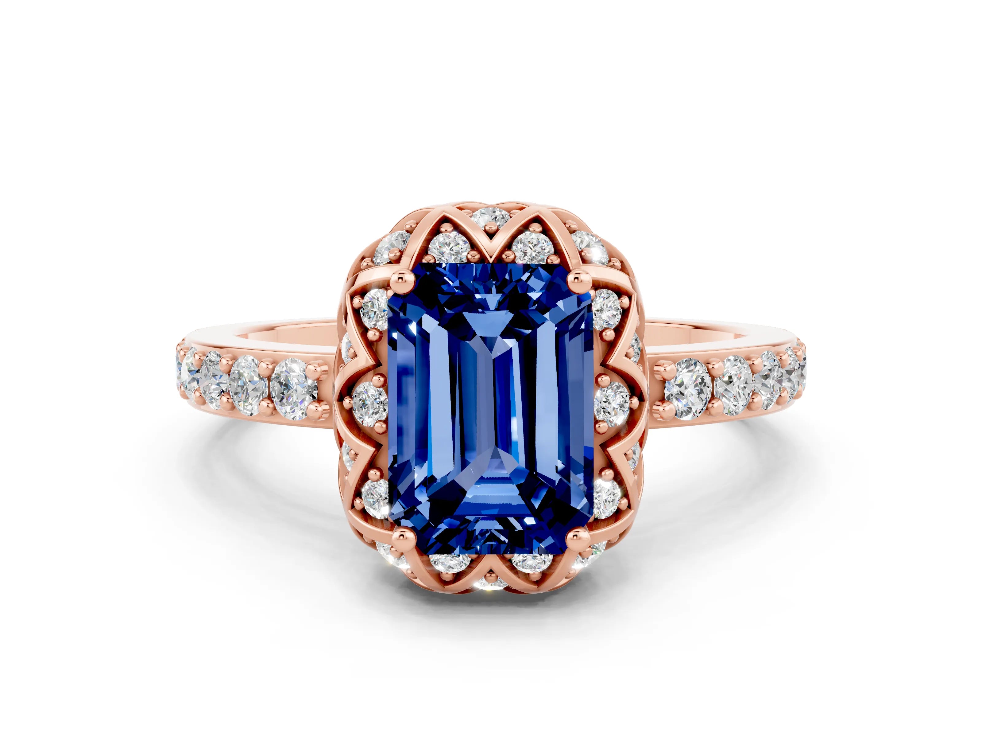 Rose gold Emerald Cut Diamond Solitaire Ring with Shared Prong Pavé Band