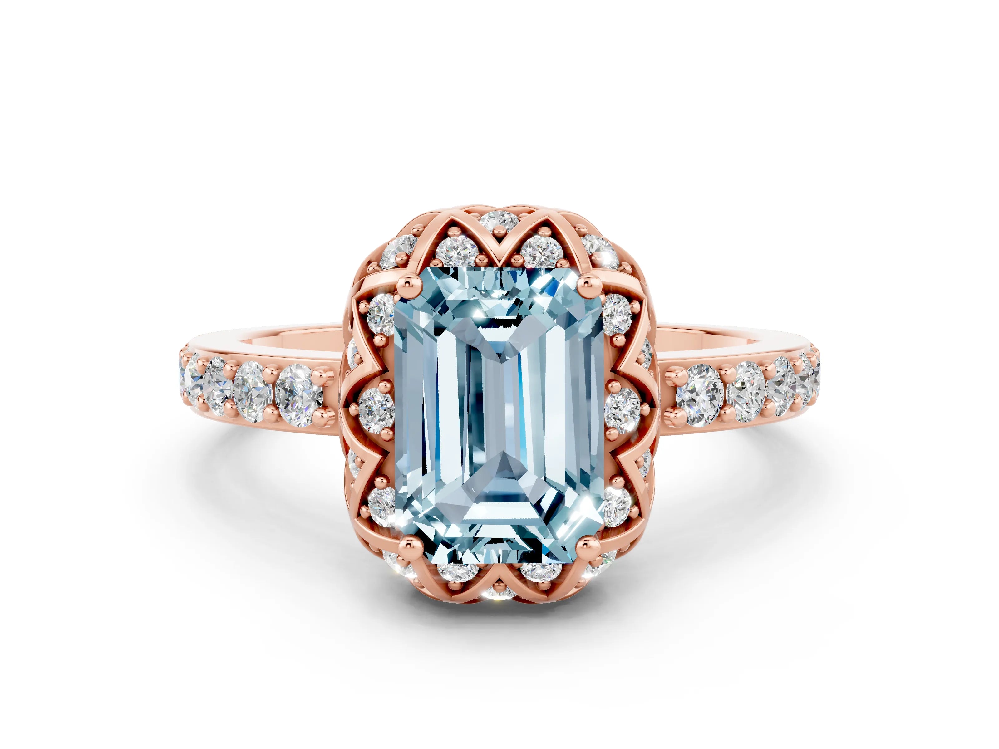 Rose gold Emerald Cut Diamond Solitaire Ring with Shared Prong Pavé Band