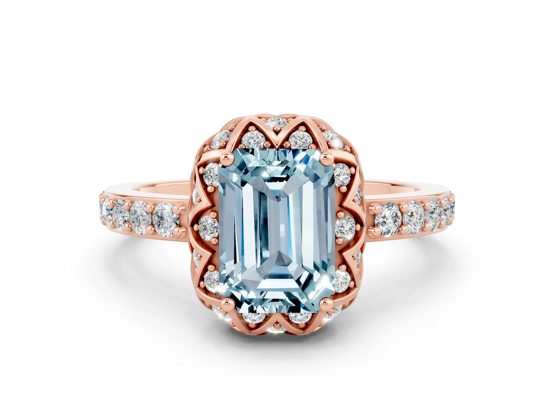 Rose gold Emerald Cut Diamond Solitaire Ring with Shared Prong Pavé Band