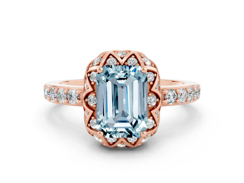 Rose gold Emerald Cut Diamond Solitaire Ring with Shared Prong Pavé Band