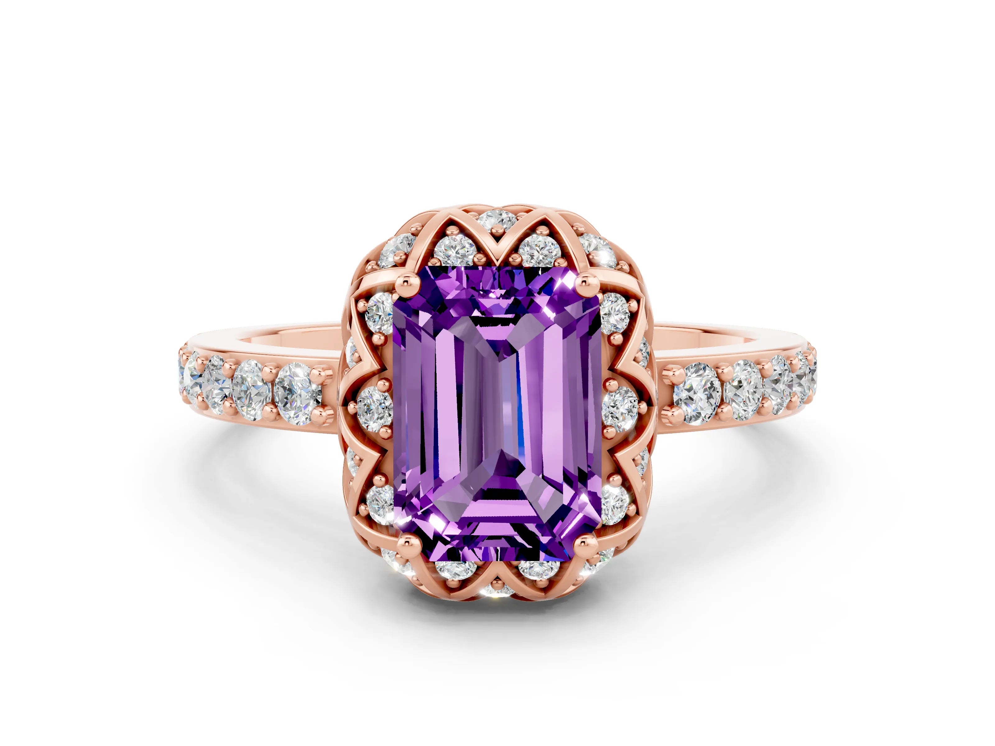 Rose gold Emerald Cut Diamond Solitaire Ring with Shared Prong Pavé Band