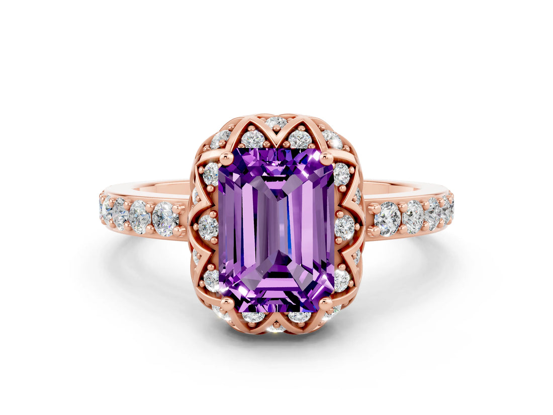 Rose gold Emerald Cut Diamond Solitaire Ring with Shared Prong Pavé Band