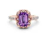Rose gold Emerald Cut Diamond Solitaire Ring with Shared Prong Pavé Band