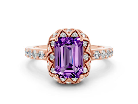 Rose gold Emerald Cut Diamond Solitaire Ring with Shared Prong Pavé Band