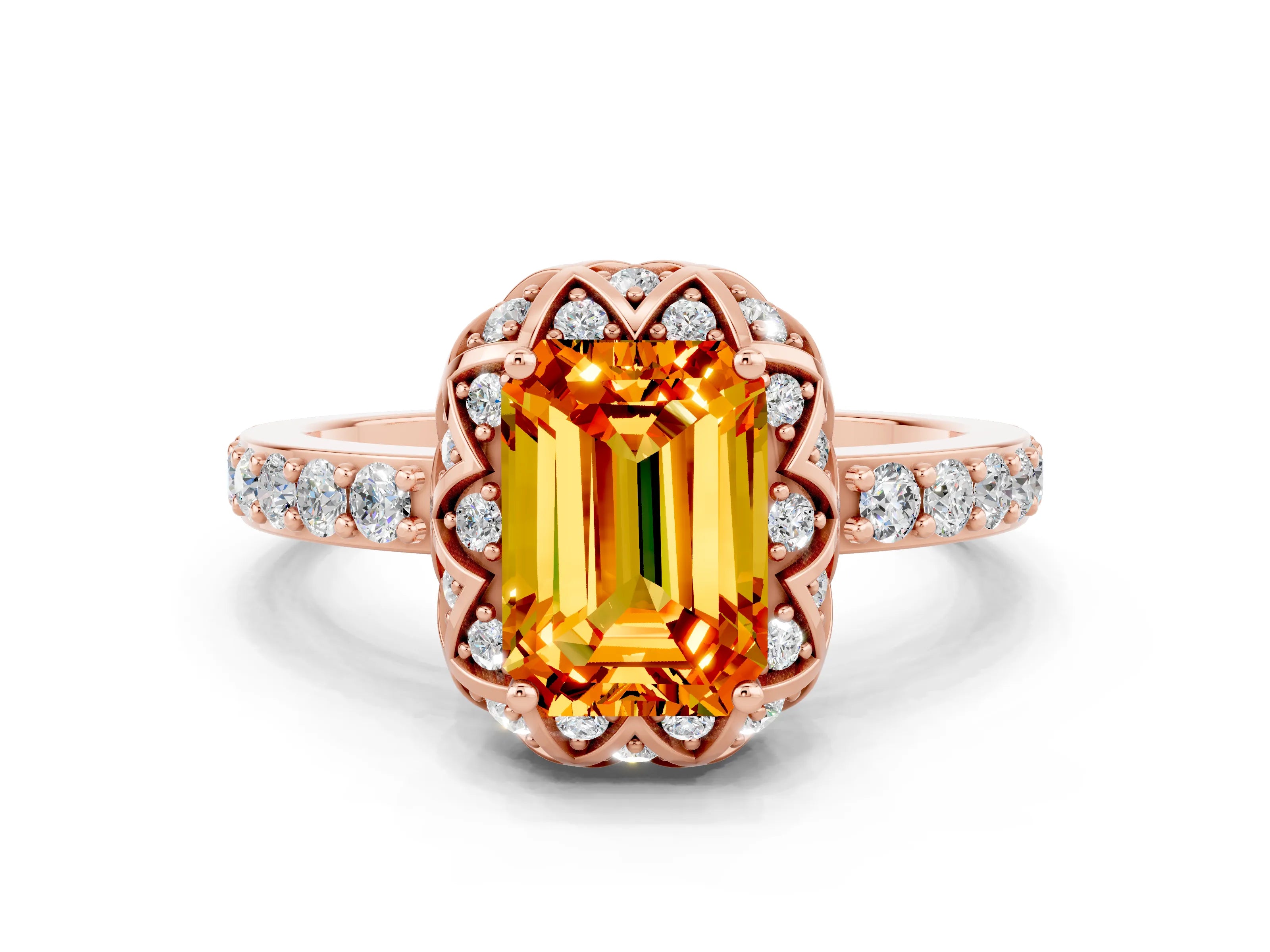 Rose gold Emerald Cut Diamond Solitaire Ring with Shared Prong Pavé Band