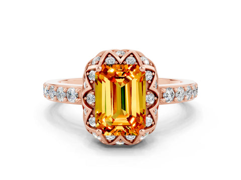 Rose gold Emerald Cut Diamond Solitaire Ring with Shared Prong Pavé Band