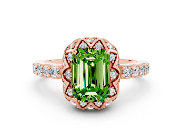 Rose gold Emerald Cut Diamond Solitaire Ring with Shared Prong Pavé Band