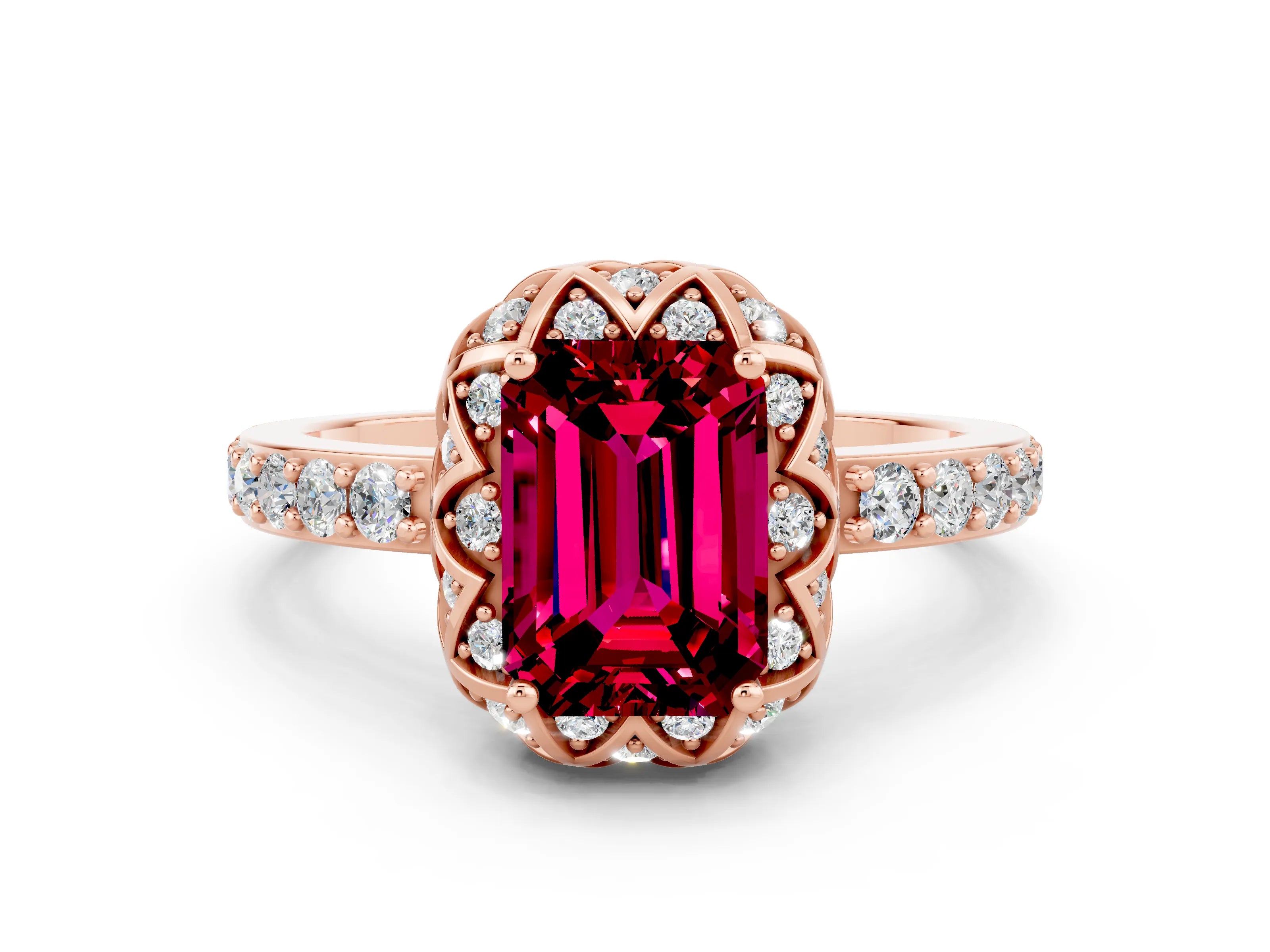 Rose gold Emerald Cut Diamond Solitaire Ring with Shared Prong Pavé Band