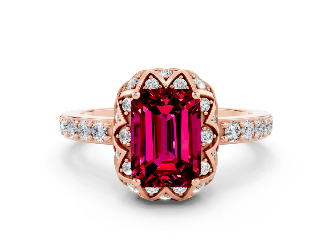 Rose gold Emerald Cut Diamond Solitaire Ring with Shared Prong Pavé Band