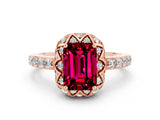 Rose gold Emerald Cut Diamond Solitaire Ring with Shared Prong Pavé Band