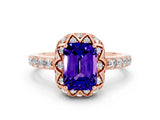 Rose gold Emerald Cut Diamond Solitaire Ring with Shared Prong Pavé Band