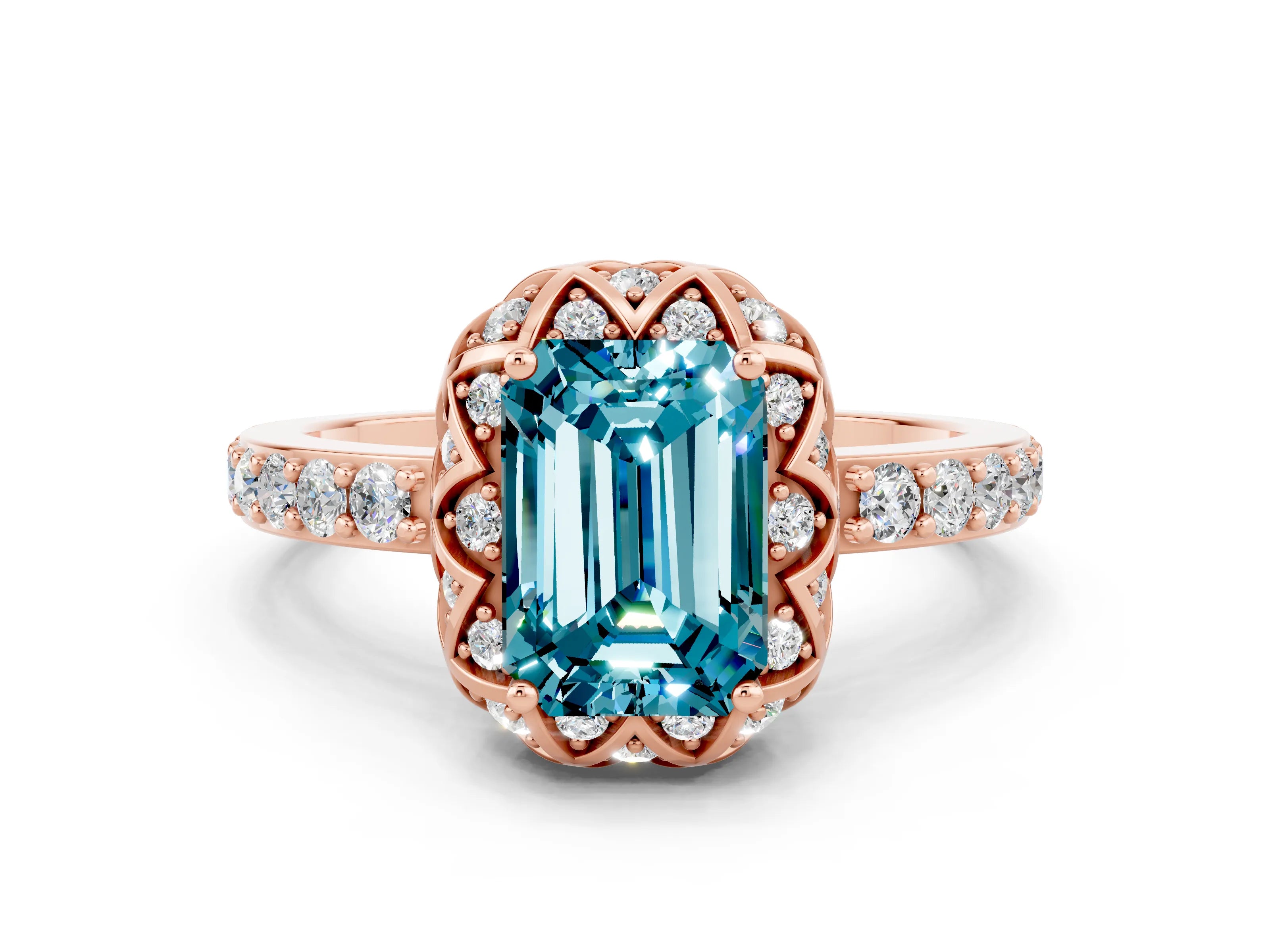 Rose gold Emerald Cut Diamond Solitaire Ring with Shared Prong Pavé Band