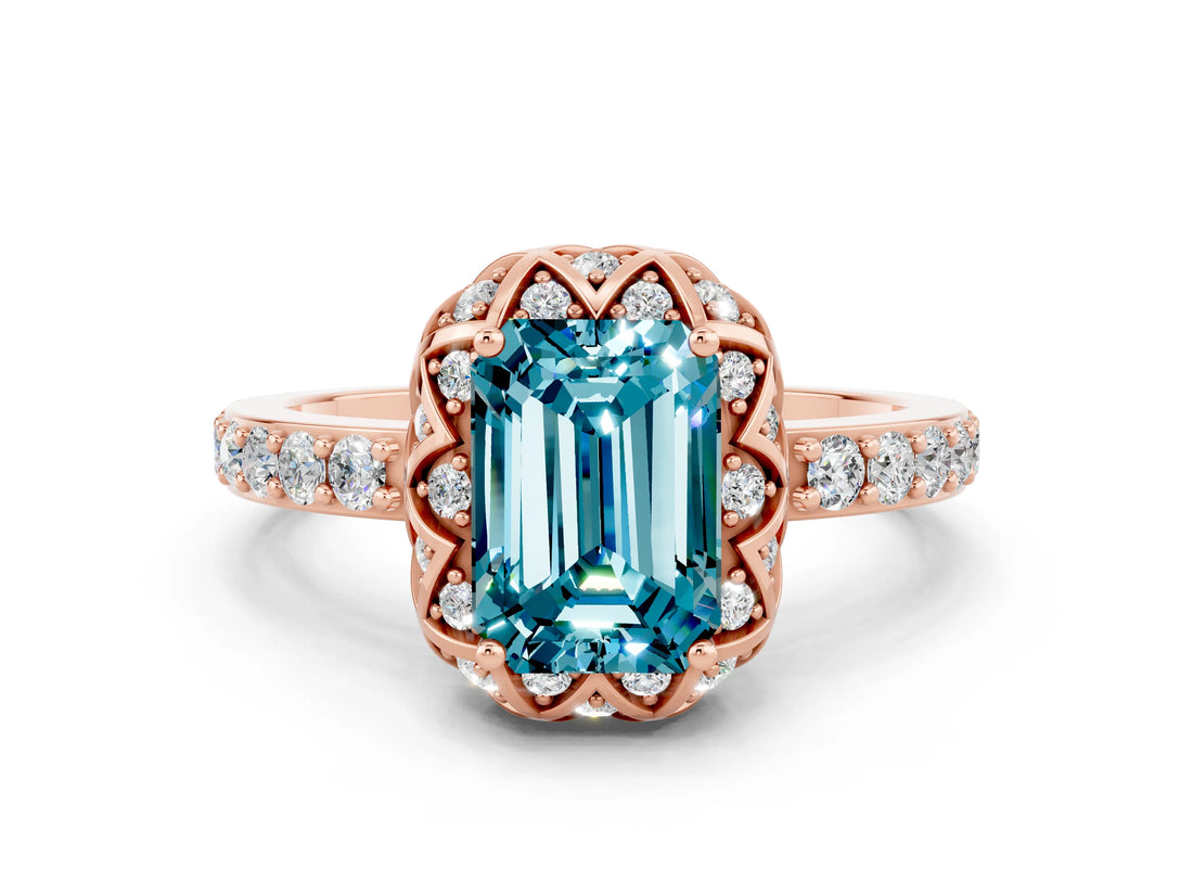 Rose gold Emerald Cut Diamond Solitaire Ring with Shared Prong Pavé Band
