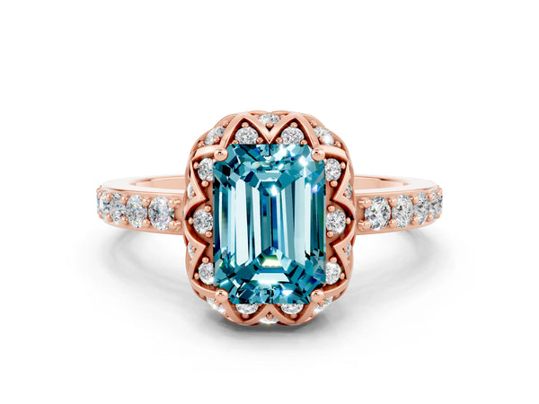 Rose gold Emerald Cut Diamond Solitaire Ring with Shared Prong Pavé Band