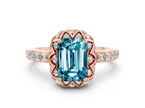 Rose gold Emerald Cut Diamond Solitaire Ring with Shared Prong Pavé Band