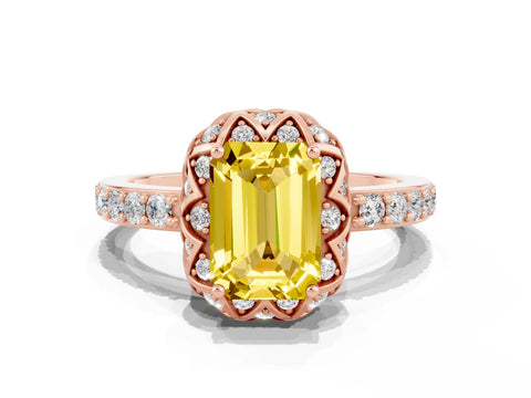Rose gold Emerald Cut Diamond Solitaire Ring with Shared Prong Pavé Band