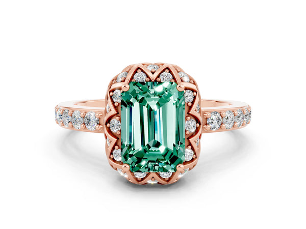 Rose gold Emerald Cut Diamond Solitaire Ring with Shared Prong Pavé Band