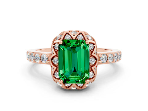 Rose gold Emerald Cut Diamond Solitaire Ring with Shared Prong Pavé Band