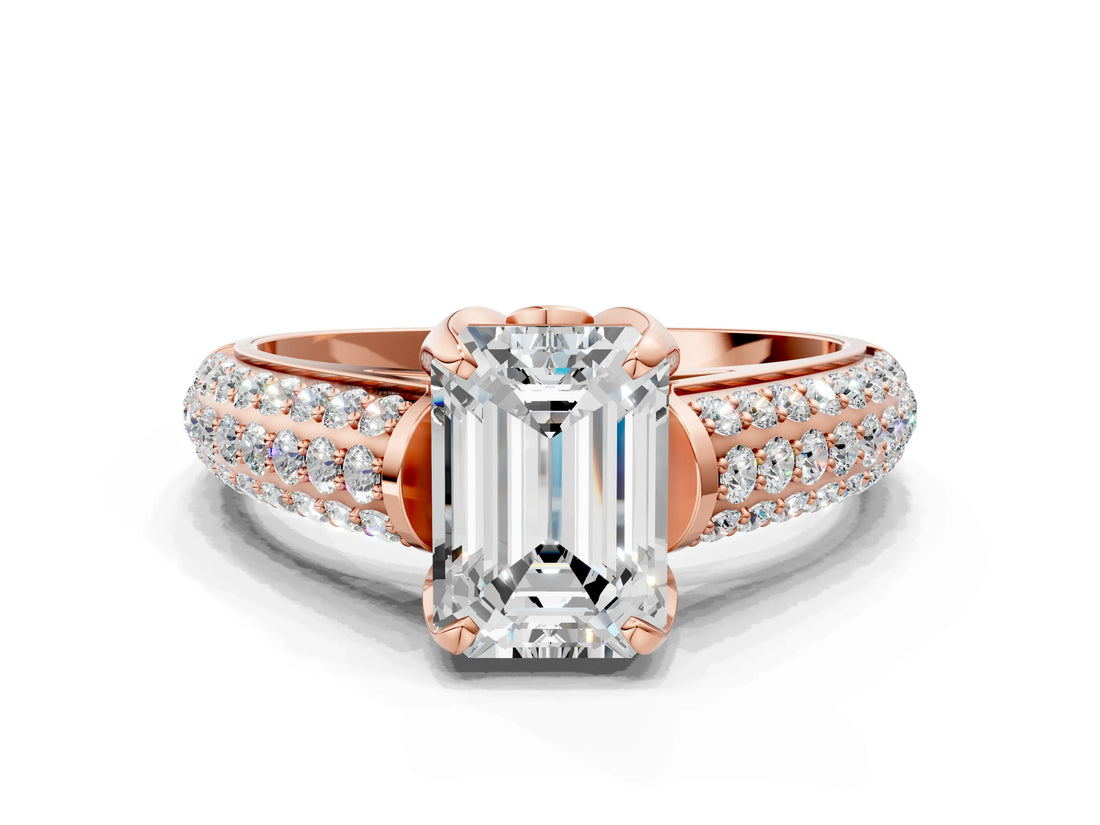 Rose gold Emerald Cut Diamond Solitaire Ring with Three-Row Pavé Band and Four-Prong Setting_35