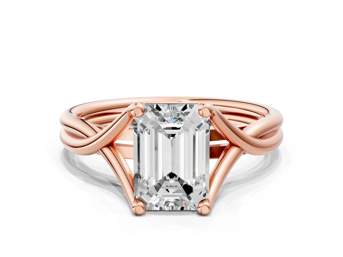 Rose gold Emerald Cut Diamond Solitaire Twist Band Prong Setting Ring_55