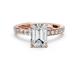 Rose gold Emerald Cut Diamond Solitaire with Pave Band and Four-Prong Setting