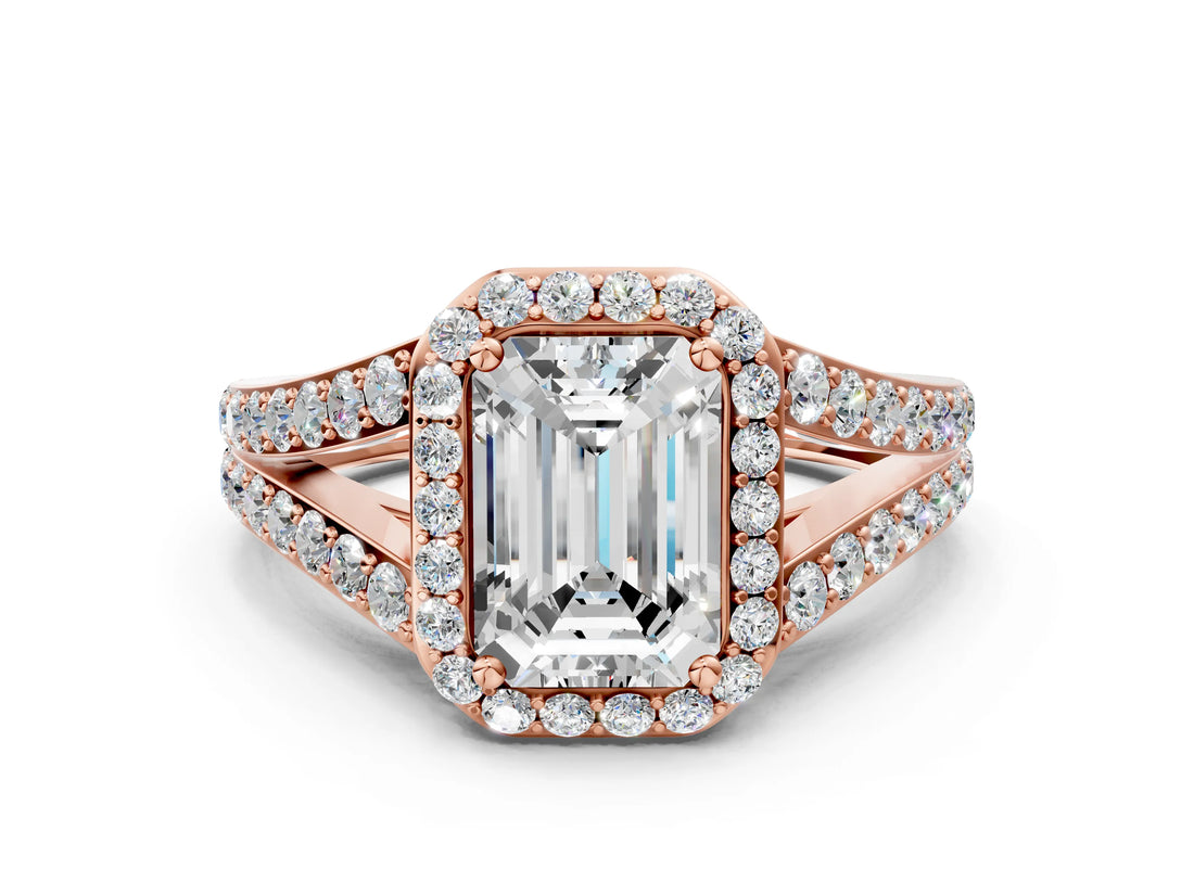 Rose gold Emerald Cut Diamond Split Shank Halo Ring with Four-Prong Setting_70