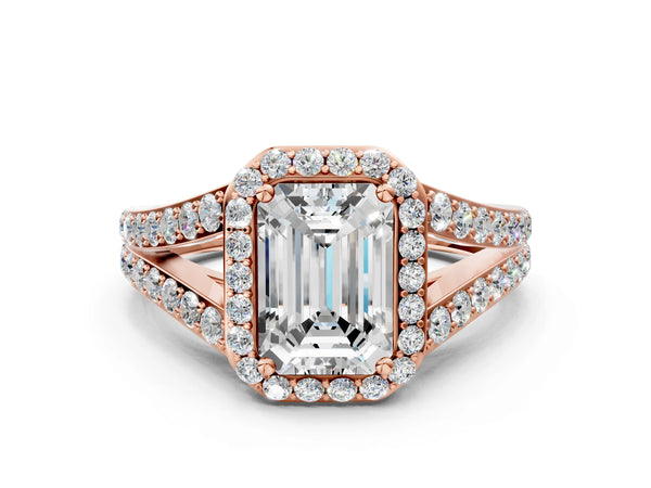 Rose Gold Emerald Cut Halo Engagement Ring Setting with Narrow Pave Split Shank