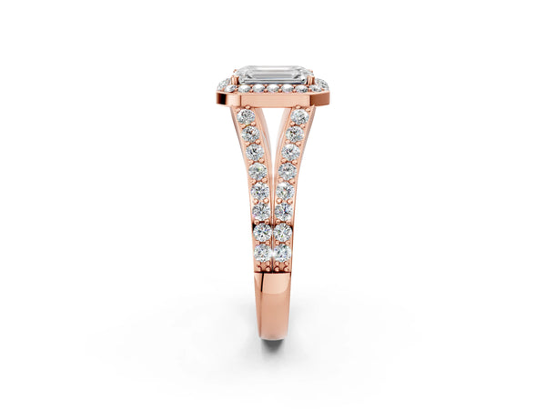 Rose Gold Emerald Cut Halo Engagement Ring Setting with Narrow Pave Split Shank