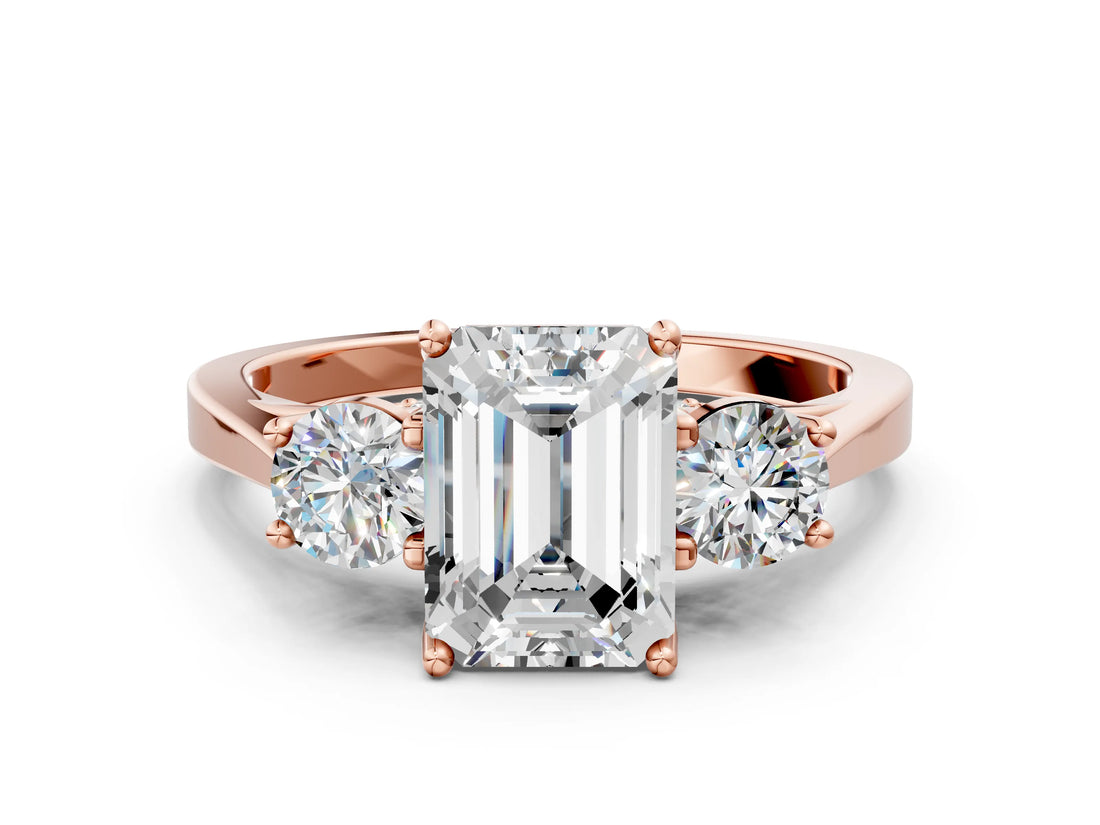 Rose gold Emerald Cut Diamond Three-Stone Engagement Ring with Prong Setting and Pavé Band_3