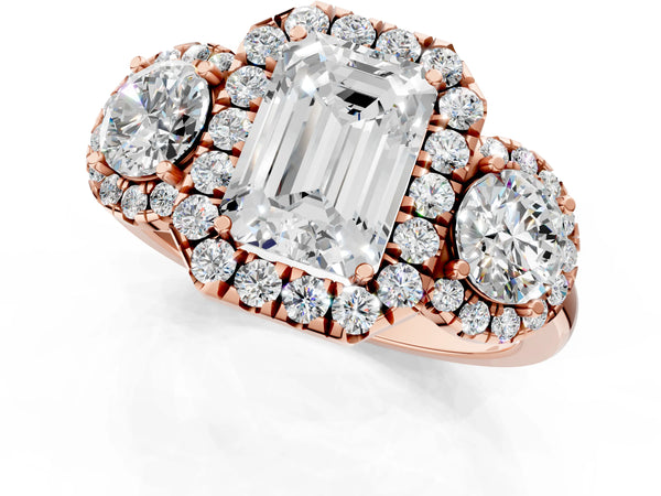 Rose gold Emerald Cut Diamond Three-Stone Halo Ring with Prong Setting and Pavé Accents