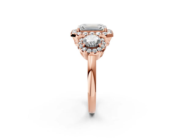 Rose gold Emerald Cut Diamond Three-Stone Halo Ring with Prong Setting and Pavé Accents