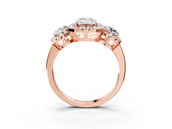 Rose gold Emerald Cut Diamond Three-Stone Halo Ring with Prong Setting and Pavé Accents